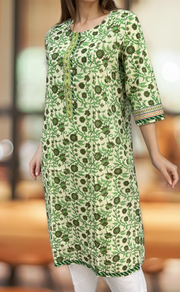 Off White/Green Garden Jaipuri Cotton Kurti. Pure Versatile Cotton. | Laces and Frills - Laces and Frills