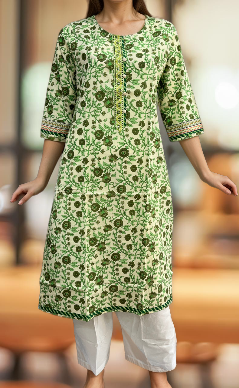 Off White/Green Garden Jaipuri Cotton Kurti. Pure Versatile Cotton. | Laces and Frills - Laces and Frills
