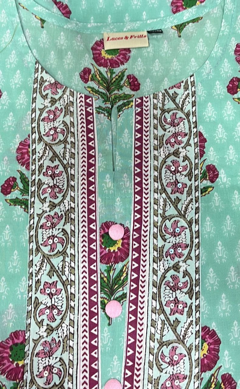 Sea Green Flora Jaipuri Cotton Kurti. Pure Versatile Cotton. | Laces and Frills - Laces and Frills