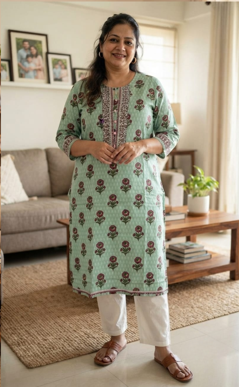 Sea Green Flora Jaipuri Cotton Kurti. Pure Versatile Cotton. | Laces and Frills
