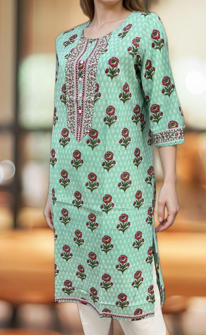 Sea Green Flora Jaipuri Cotton Kurti. Pure Versatile Cotton. | Laces and Frills - Laces and Frills