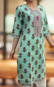 Sea Green Flora Jaipuri Cotton Kurti. Pure Versatile Cotton. | Laces and Frills - Laces and Frills