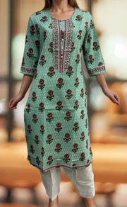 Sea Green Flora Jaipuri Cotton Kurti. Pure Versatile Cotton. | Laces and Frills - Laces and Frills