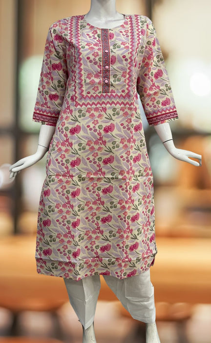 Off White/Pink Floral Jaipuri Cotton Kurti. Pure Versatile Cotton. | Laces and Frills - Laces and Frills