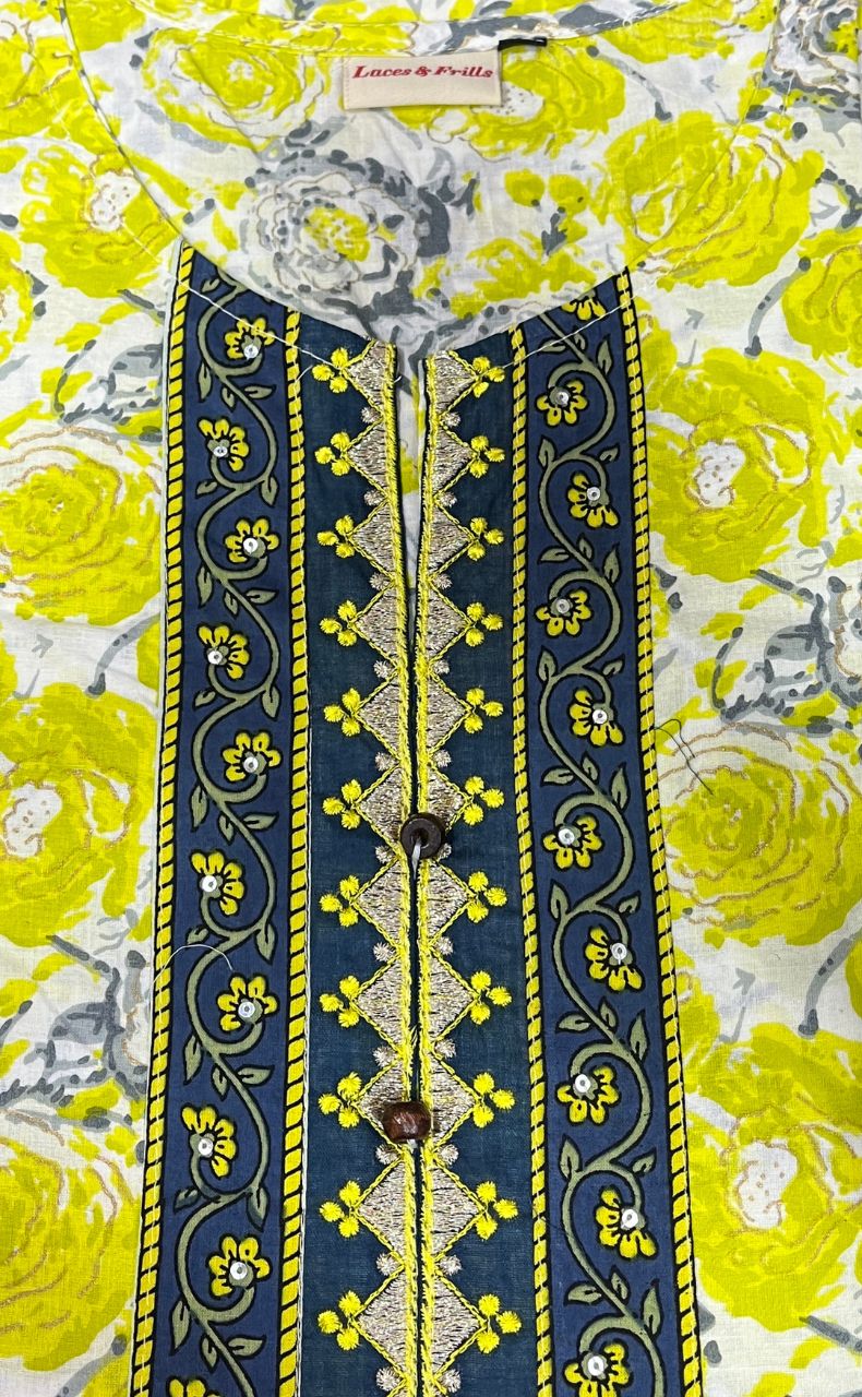 Yellow Floral Jaipuri Cotton Kurti. Pure Versatile Cotton. | Laces and Frills - Laces and Frills