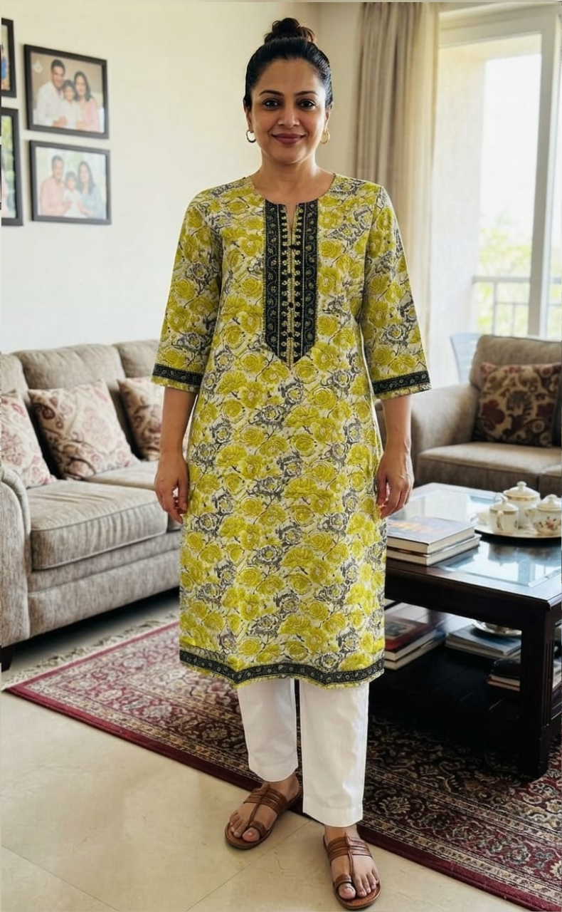 Yellow Floral Jaipuri Cotton Kurti. Pure Versatile Cotton. | Laces and Frills