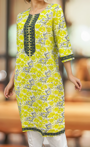 Yellow Floral Jaipuri Cotton Kurti. Pure Versatile Cotton. | Laces and Frills - Laces and Frills