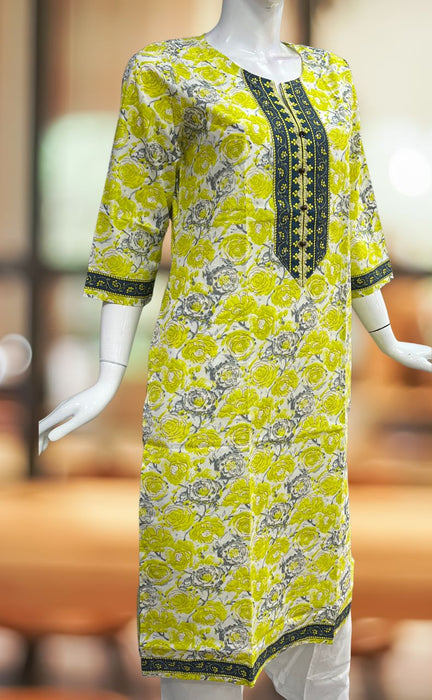 Yellow Floral Jaipuri Cotton Kurti. Pure Versatile Cotton. | Laces and Frills - Laces and Frills