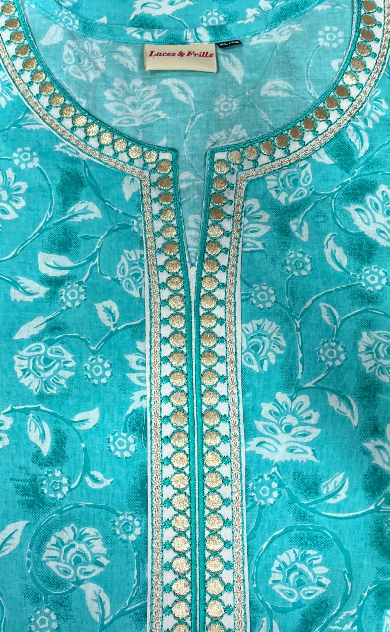 Turquoise Blue Flora Jaipuri Cotton Kurti. Pure Versatile Cotton. | Laces and Frills - Laces and Frills