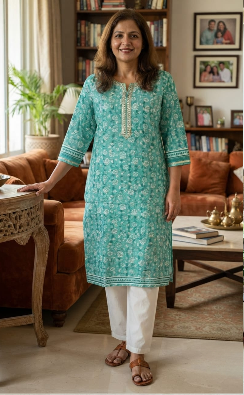 Turquoise Blue Flora Jaipuri Cotton Kurti. Pure Versatile Cotton. | Laces and Frills