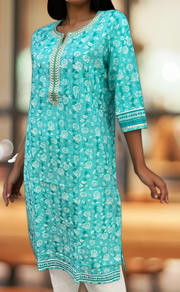 Turquoise Blue Flora Jaipuri Cotton Kurti. Pure Versatile Cotton. | Laces and Frills - Laces and Frills