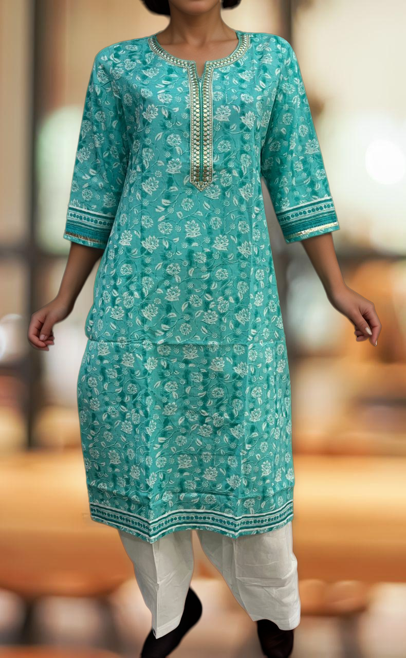 Turquoise Blue Flora Jaipuri Cotton Kurti. Pure Versatile Cotton. | Laces and Frills - Laces and Frills