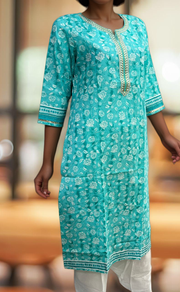 Turquoise Blue Flora Jaipuri Cotton Kurti. Pure Versatile Cotton. | Laces and Frills - Laces and Frills