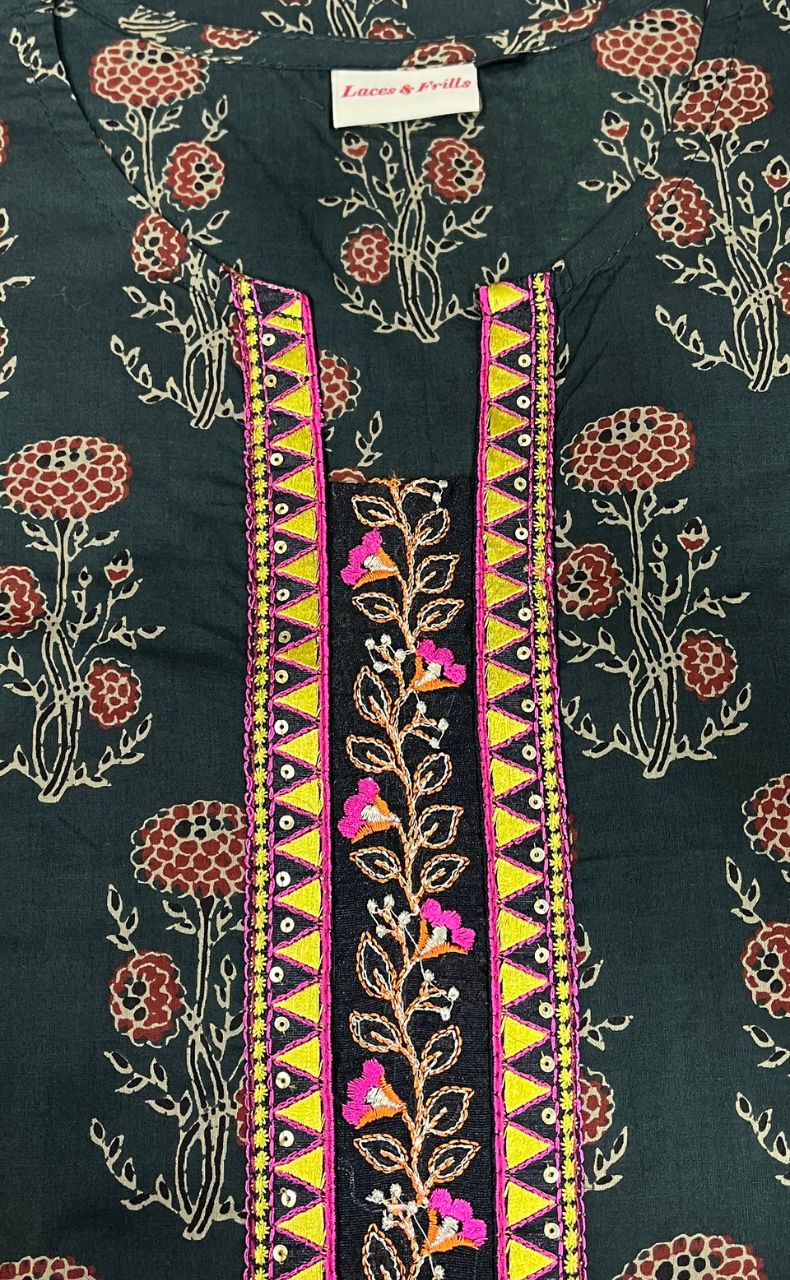 Bottle Green Floral Jaipuri Cotton Kurti. Pure Versatile Cotton. | Laces and Frills - Laces and Frills
