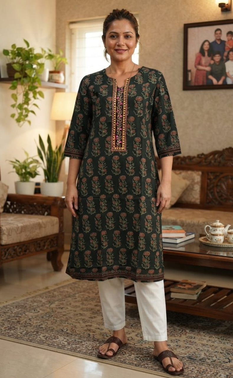 Bottle Green Floral Jaipuri Cotton Kurti. Pure Versatile Cotton. | Laces and Frills