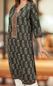 Bottle Green Floral Jaipuri Cotton Kurti. Pure Versatile Cotton. | Laces and Frills - Laces and Frills