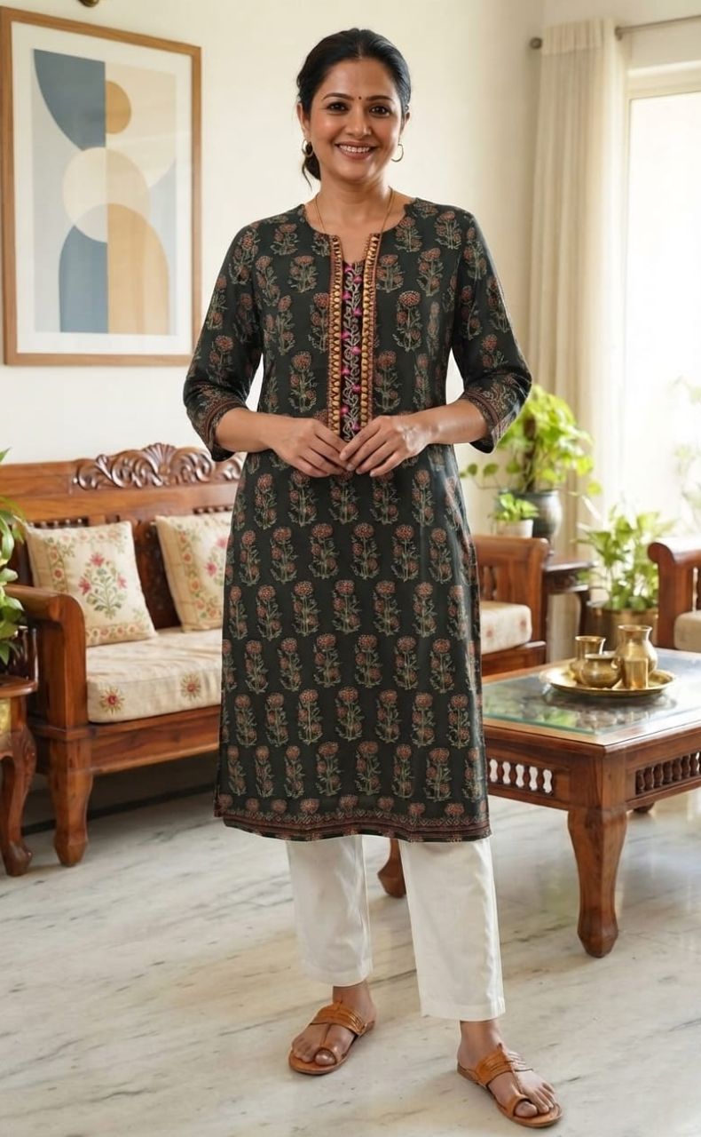 Bottle Green Floral Jaipuri Cotton Kurti. Pure Versatile Cotton. | Laces and Frills
