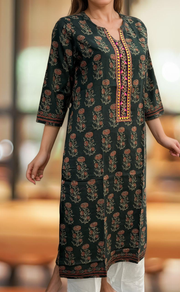 Bottle Green Floral Jaipuri Cotton Kurti. Pure Versatile Cotton. | Laces and Frills - Laces and Frills