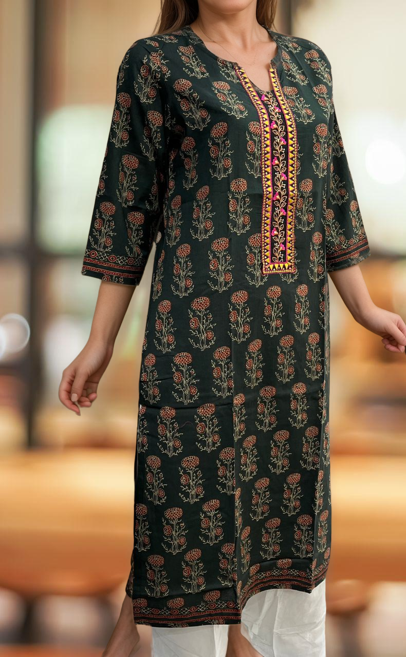 Bottle Green Floral Jaipuri Cotton Kurti. Pure Versatile Cotton. | Laces and Frills - Laces and Frills