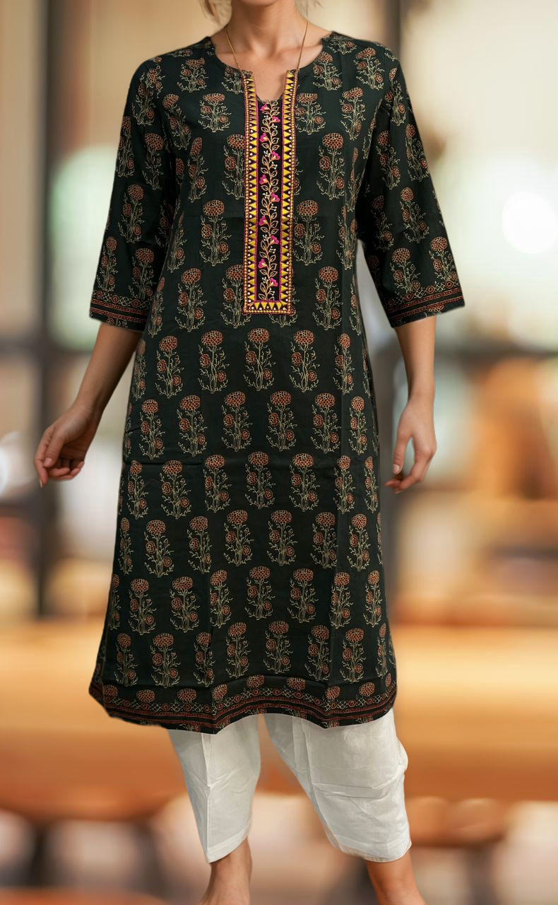 Bottle Green Floral Jaipuri Cotton Kurti. Pure Versatile Cotton. | Laces and Frills - Laces and Frills