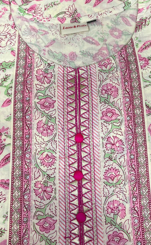 Off White/Pink Garden Jaipuri Cotton Kurti. Pure Versatile Cotton. | Laces and Frills - Laces and Frills