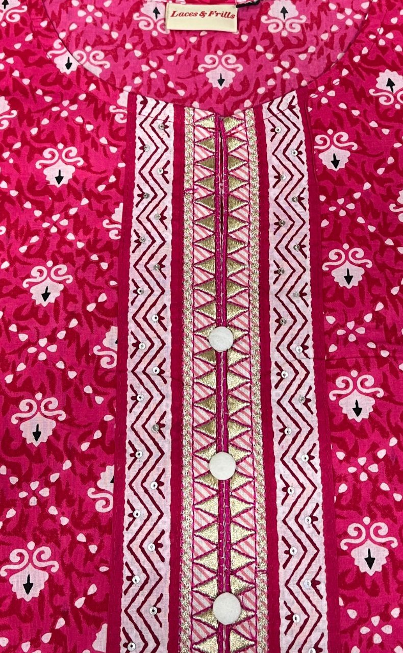 Rani Pink Dots Jaipuri Cotton Kurti. Pure Versatile Cotton. | Laces and Frills - Laces and Frills