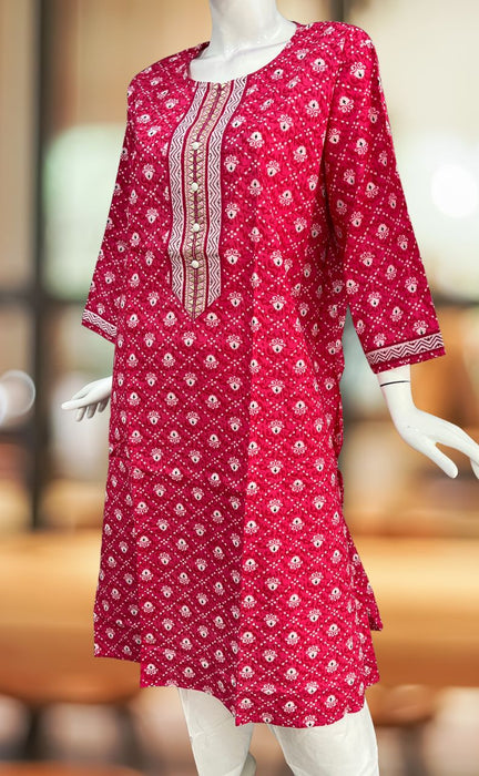 Rani Pink Dots Jaipuri Cotton Kurti. Pure Versatile Cotton. | Laces and Frills - Laces and Frills