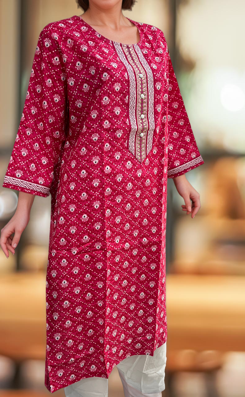 Rani Pink Dots Jaipuri Cotton Kurti. Pure Versatile Cotton. | Laces and Frills - Laces and Frills