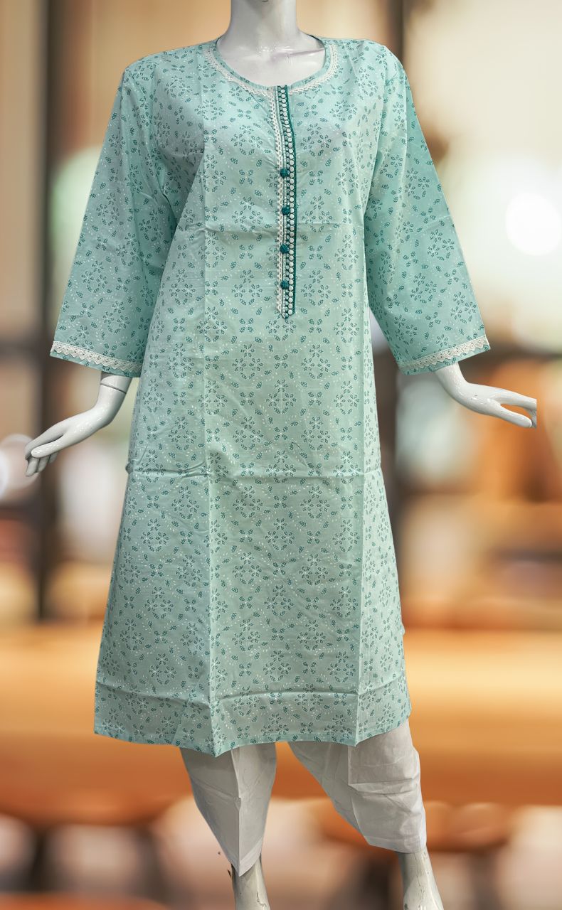 Sea Green Flora Jaipuri Cotton Kurti. Pure Versatile Cotton. | Laces and Frills - Laces and Frills