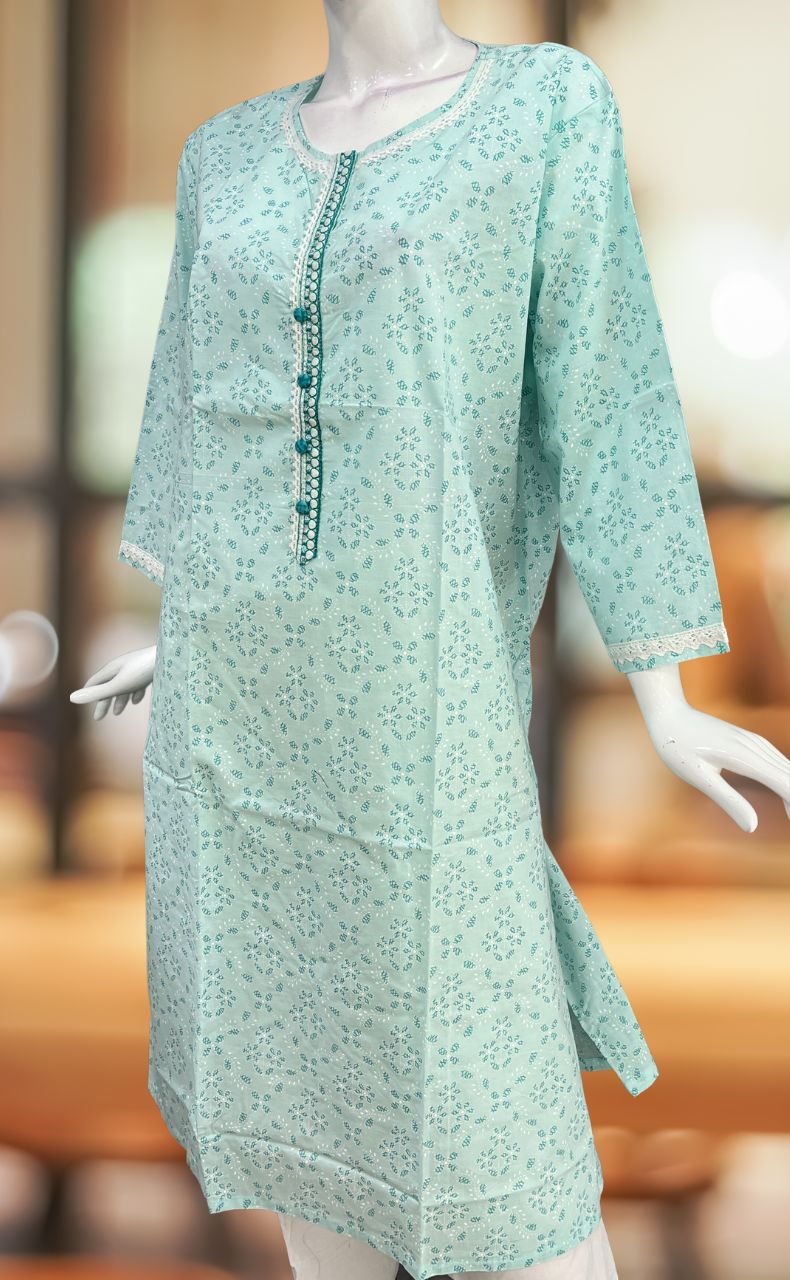 Sea Green Flora Jaipuri Cotton Kurti. Pure Versatile Cotton. | Laces and Frills - Laces and Frills