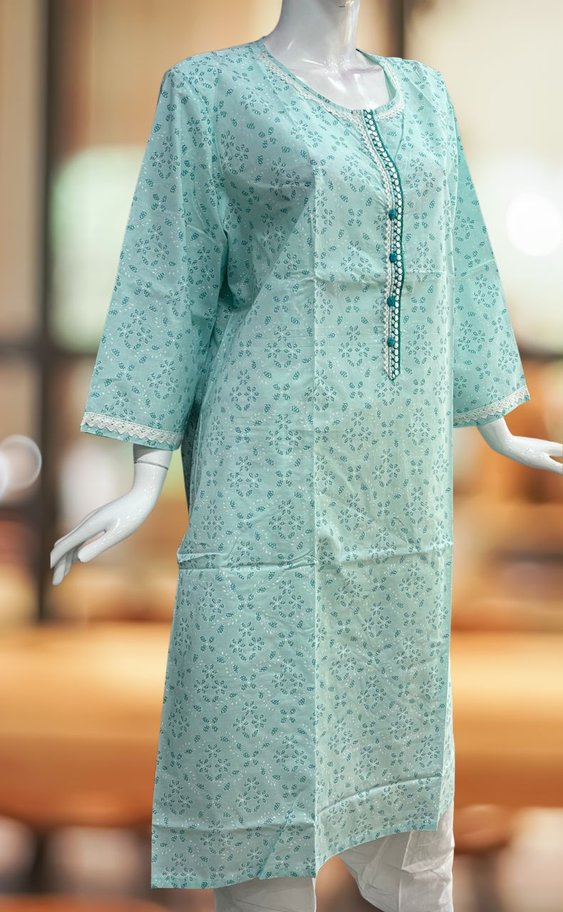 Sea Green Flora Jaipuri Cotton Kurti. Pure Versatile Cotton. | Laces and Frills - Laces and Frills