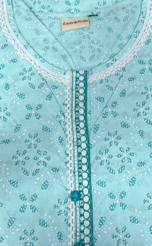 Sea Green Flora Jaipuri Cotton Kurti. Pure Versatile Cotton. | Laces and Frills - Laces and Frills