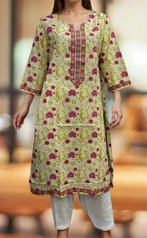 Cream/Pink Floral Jaipuri Cotton Kurti. Pure Versatile Cotton. | Laces and Frills - Laces and Frills