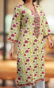 Cream/Pink Floral Jaipuri Cotton Kurti. Pure Versatile Cotton. | Laces and Frills - Laces and Frills