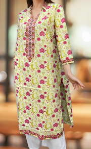 Cream/Pink Floral Jaipuri Cotton Kurti. Pure Versatile Cotton. | Laces and Frills - Laces and Frills