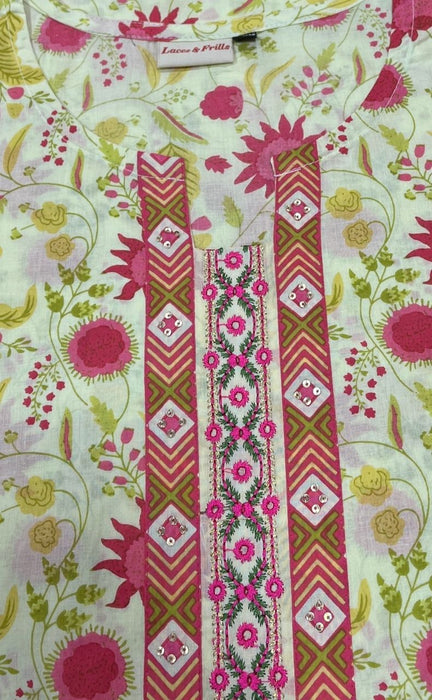 Cream/Pink Floral Jaipuri Cotton Kurti. Pure Versatile Cotton. | Laces and Frills - Laces and Frills