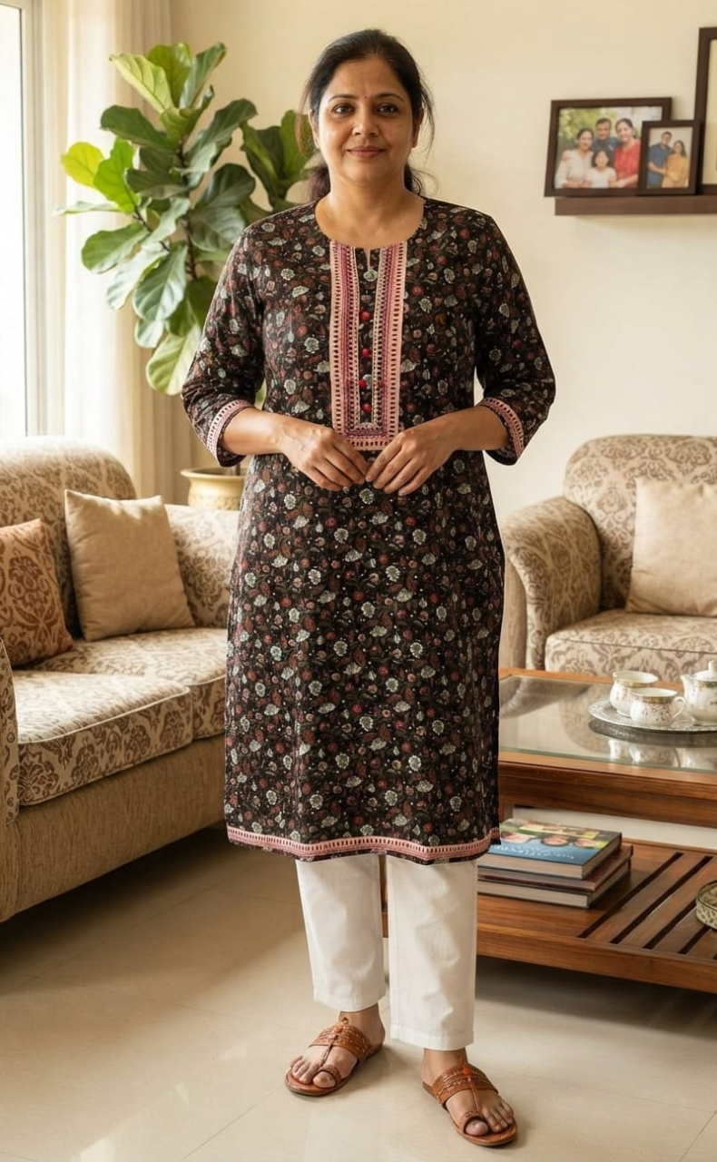 Black/Red Floral Jaipuri Cotton Kurti. Pure Versatile Cotton. | Laces and Frills