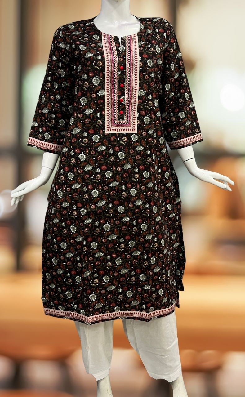 Black/Red Floral Jaipuri Cotton Kurti. Pure Versatile Cotton. | Laces and Frills - Laces and Frills