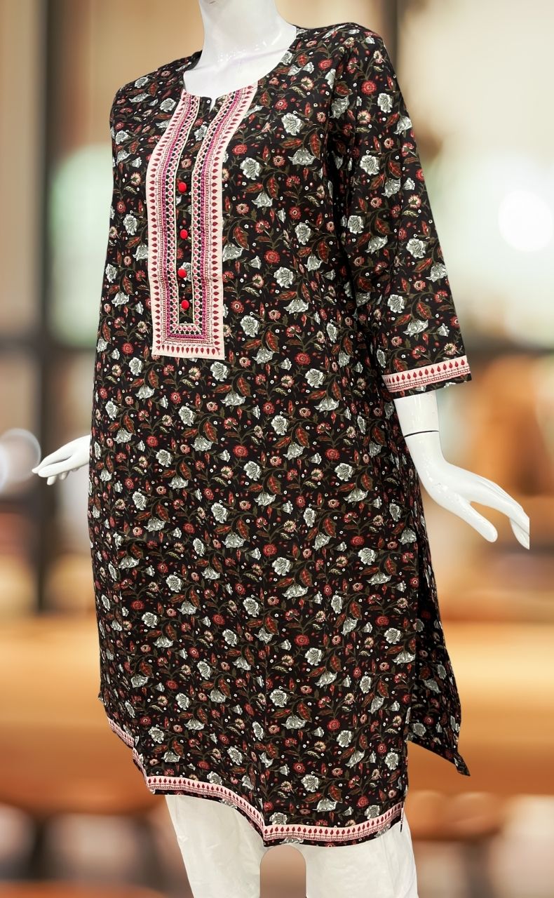 Black/Red Floral Jaipuri Cotton Kurti. Pure Versatile Cotton. | Laces and Frills - Laces and Frills