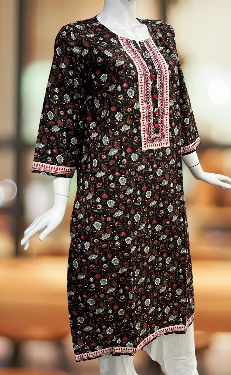 Black/Red Floral Jaipuri Cotton Kurti. Pure Versatile Cotton. | Laces and Frills - Laces and Frills