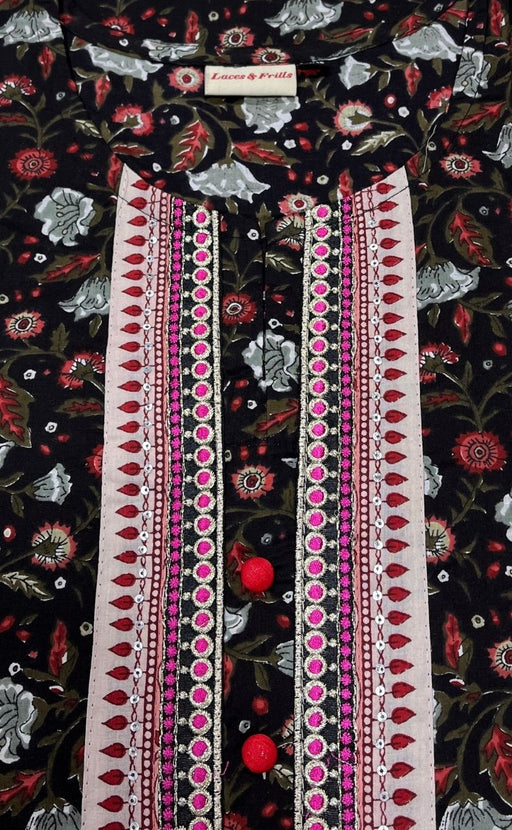 Black/Red Floral Jaipuri Cotton Kurti. Pure Versatile Cotton. | Laces and Frills - Laces and Frills
