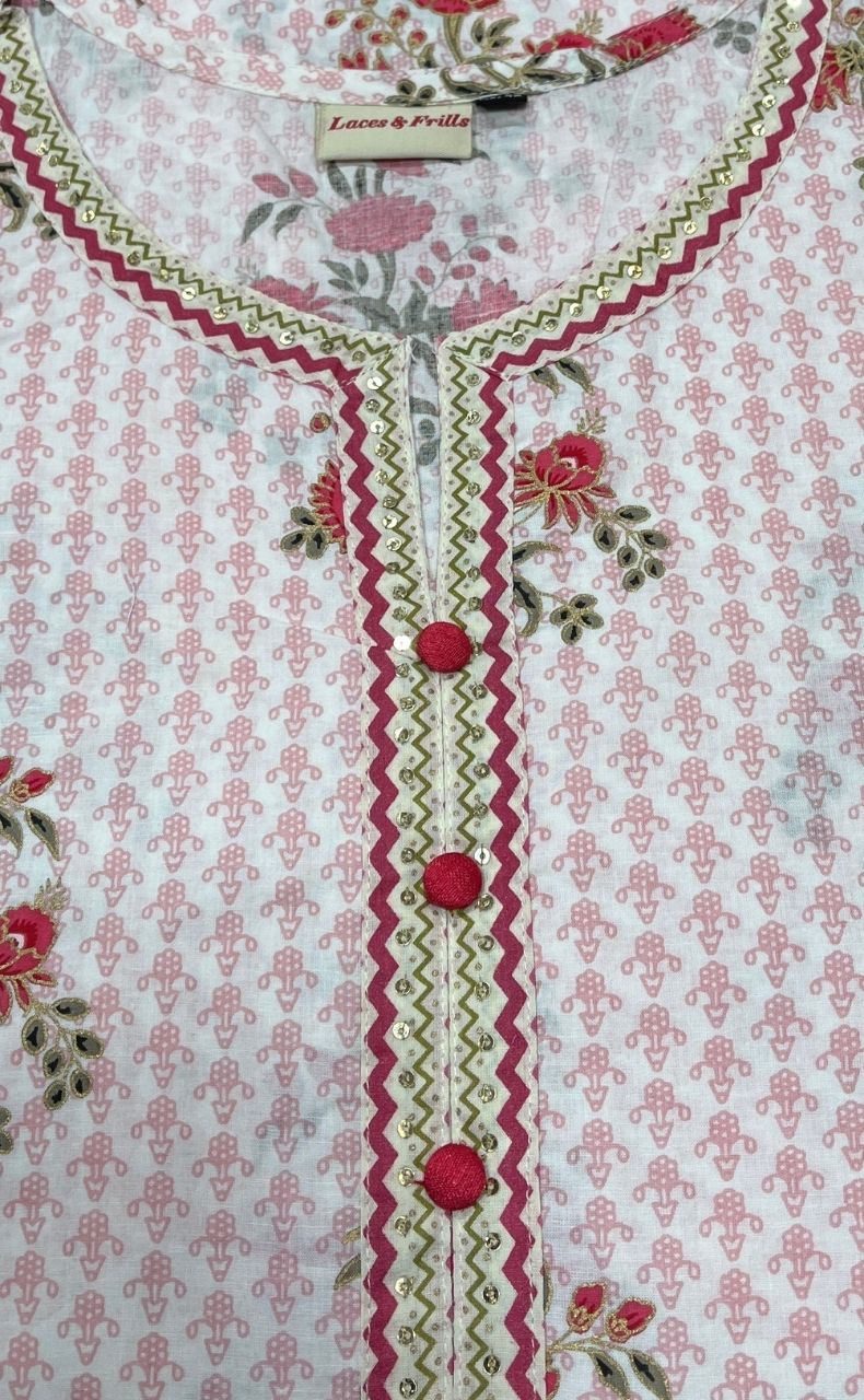 Light Pink Floral Jaipuri Cotton Kurti. Pure Versatile Cotton. | Laces and Frills - Laces and Frills
