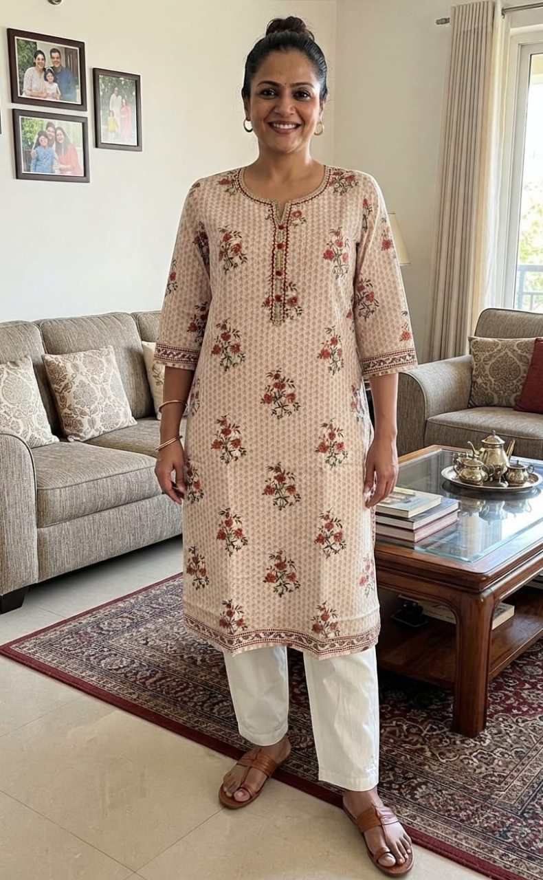 Light Pink Floral Jaipuri Cotton Kurti. Pure Versatile Cotton. | Laces and Frills