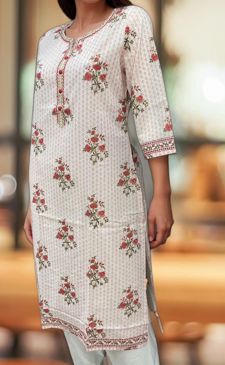 Light Pink Floral Jaipuri Cotton Kurti. Pure Versatile Cotton. | Laces and Frills - Laces and Frills