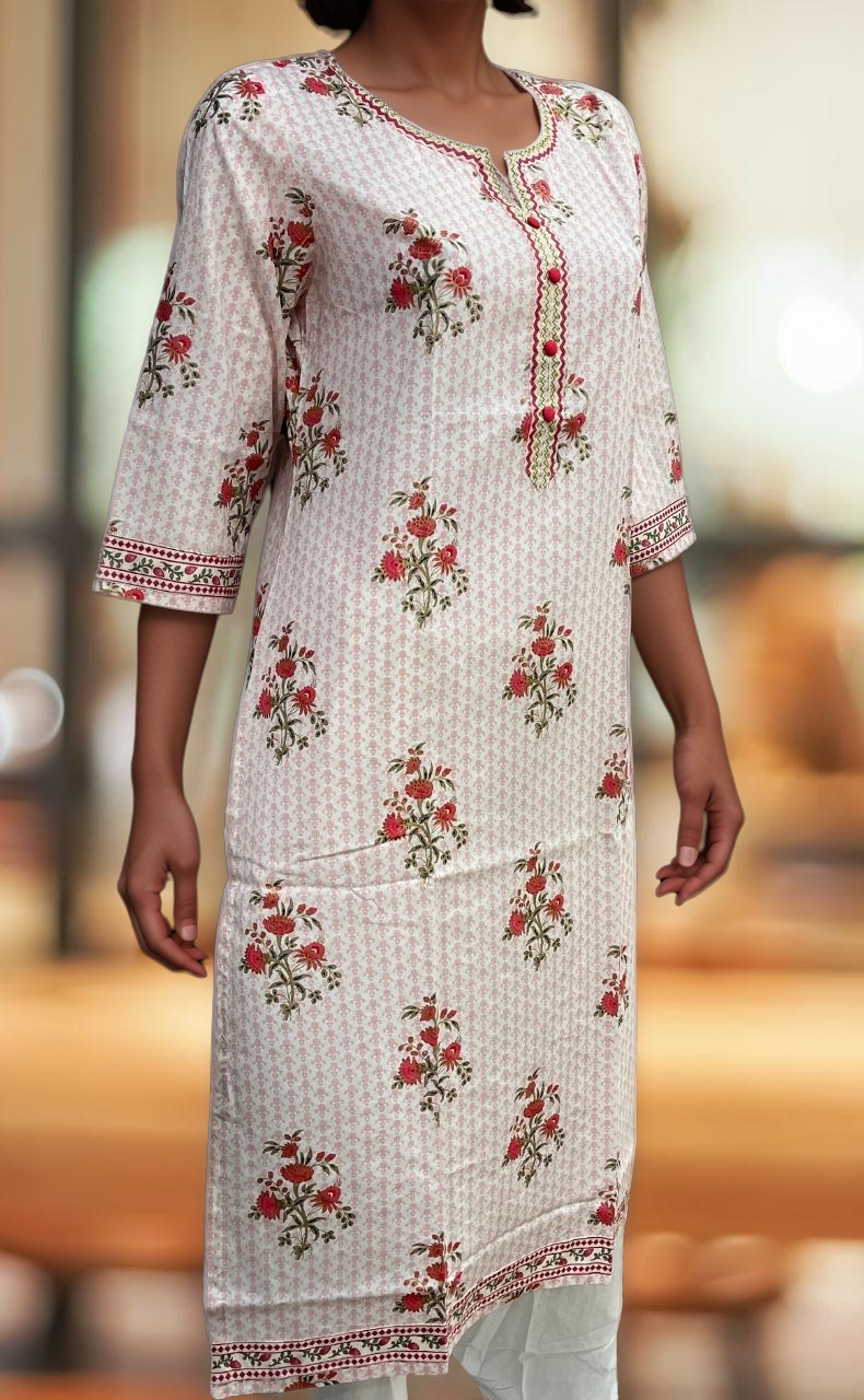 Light Pink Floral Jaipuri Cotton Kurti. Pure Versatile Cotton. | Laces and Frills - Laces and Frills
