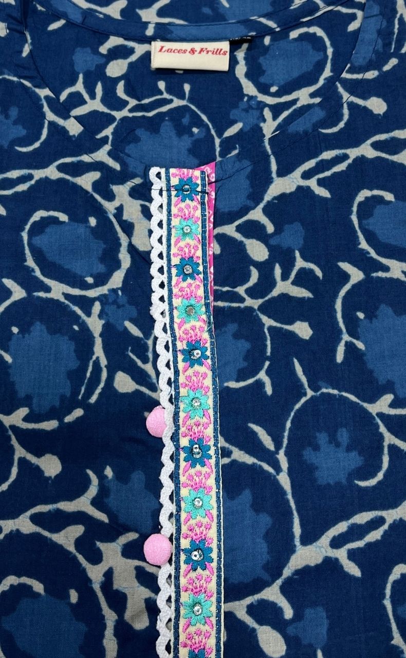 Indigo Blue Garden Jaipuri Cotton Kurti. Pure Versatile Cotton. | Laces and Frills - Laces and Frills