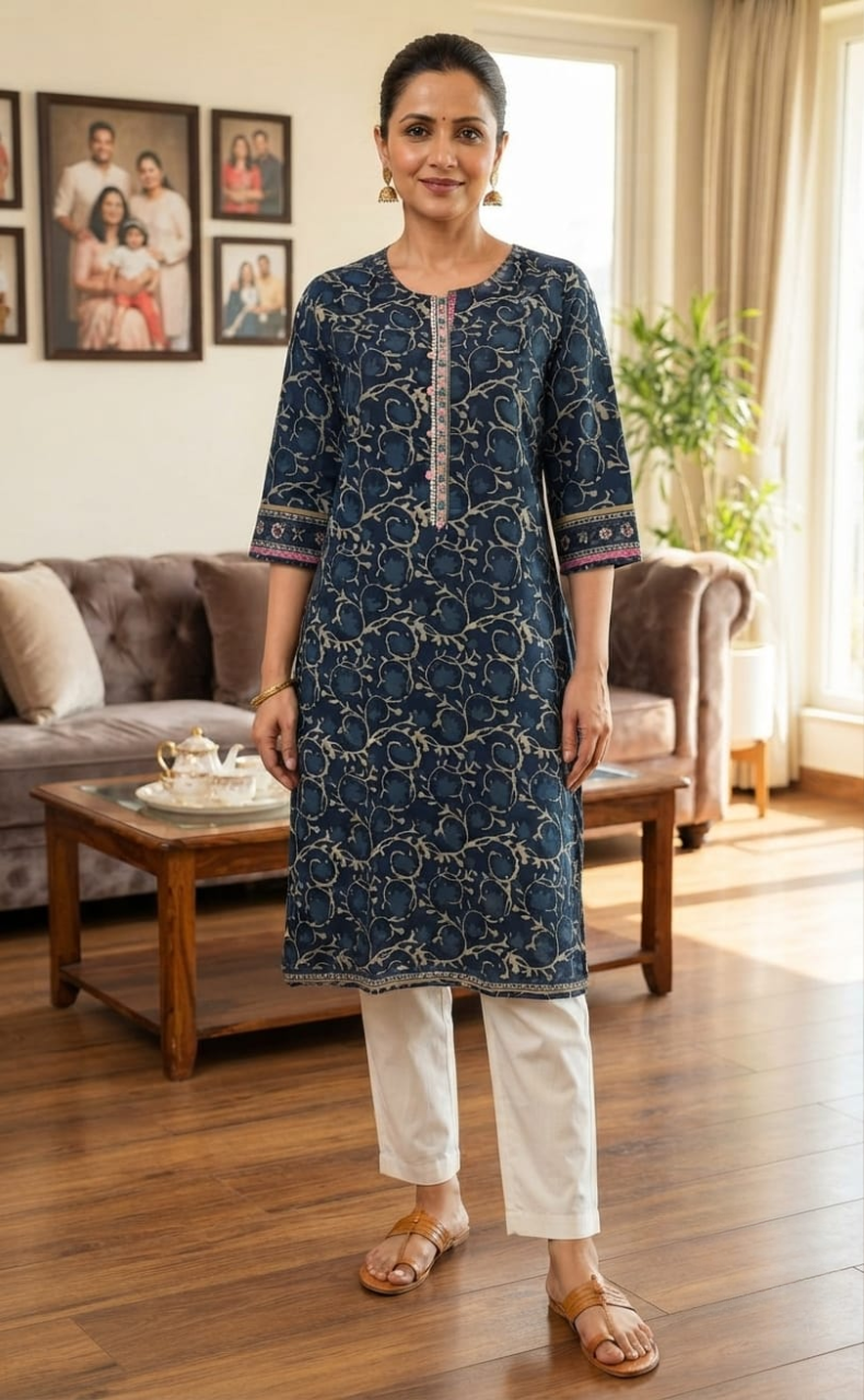 Indigo Blue Garden Jaipuri Cotton Kurti. Pure Versatile Cotton. | Laces and Frills