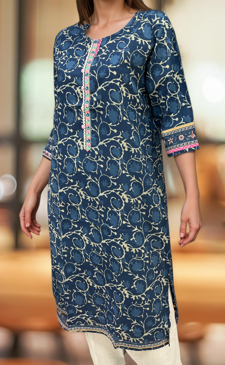 Indigo Blue Garden Jaipuri Cotton Kurti. Pure Versatile Cotton. | Laces and Frills - Laces and Frills