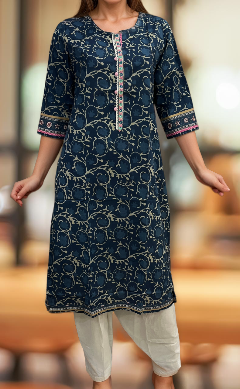 Indigo Blue Garden Jaipuri Cotton Kurti. Pure Versatile Cotton. | Laces and Frills - Laces and Frills