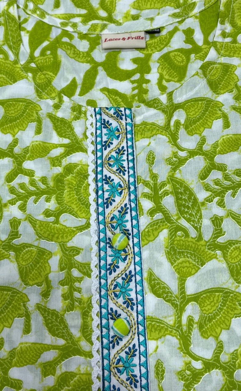 White/Green Garden Jaipuri Cotton Kurti. Pure Versatile Cotton. | Laces and Frills - Laces and Frills